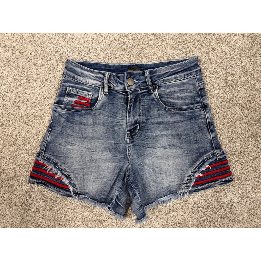 Coco + Carmen Denim Shorts Americana Stars Stripes M Blue Raw Hem Distressed